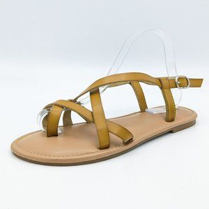 Ataiwee Sandals 10 Mustard Yellow Tan Strappy Flat Faux Leather Adjustable Strap